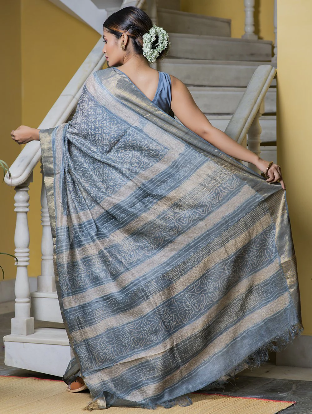 TICH Festive & Exclusive Tassar Silk Sanganeri Bagru Saree (With Blouse Piece) - Soft Blue, Beige & Dull Gold - Image 4