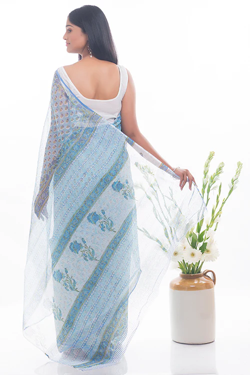 TICH Light & Breezy. Sanganeri Kota Doria Saree - Soft Blue Flora - Image 3