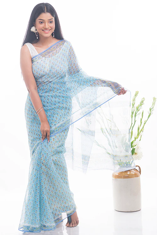 TICH Light & Breezy. Sanganeri Kota Doria Saree - Soft Blue Flora - Image 4