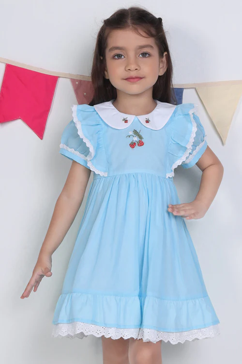 Soleilclo "Blue Embroidered Cotton Puffed Sleeves Dress"