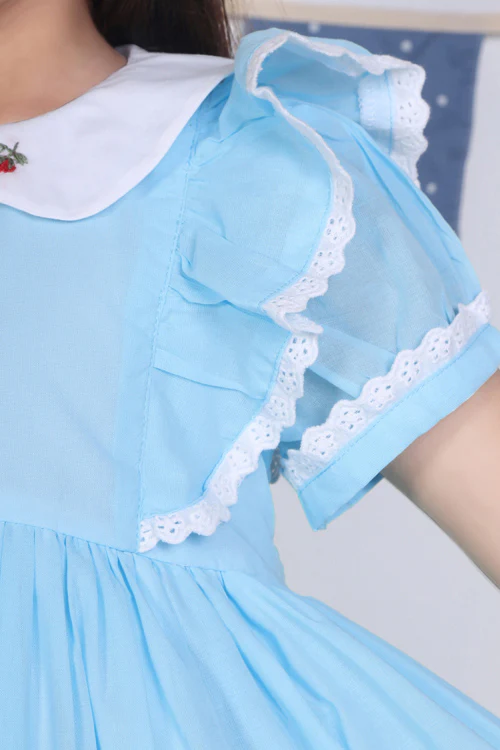 Soleilclo "Blue Embroidered Cotton Puffed Sleeves Dress" - Image 4