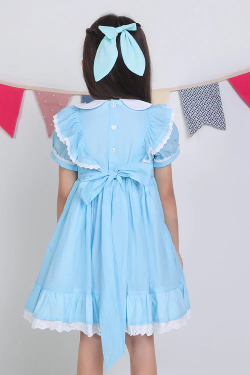 Soleilclo "Blue Embroidered Cotton Puffed Sleeves Dress" - Image 6