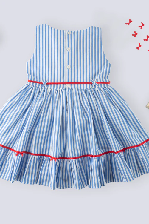Soleilclo "Coastal Charm" Sleeveless Blue Striped Cotton Dress With Satin Belt And Bows - Image 10