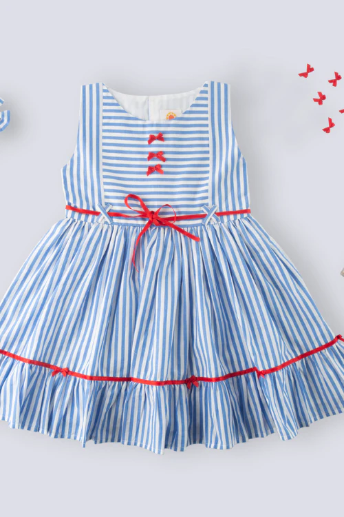 Soleilclo "Coastal Charm" Sleeveless Blue Striped Cotton Dress With Satin Belt And Bows - Image 6