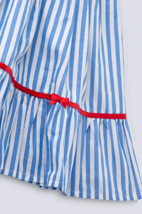 Soleilclo "Coastal Charm" Sleeveless Blue Striped Cotton Dress With Satin Belt And Bows - Image 7