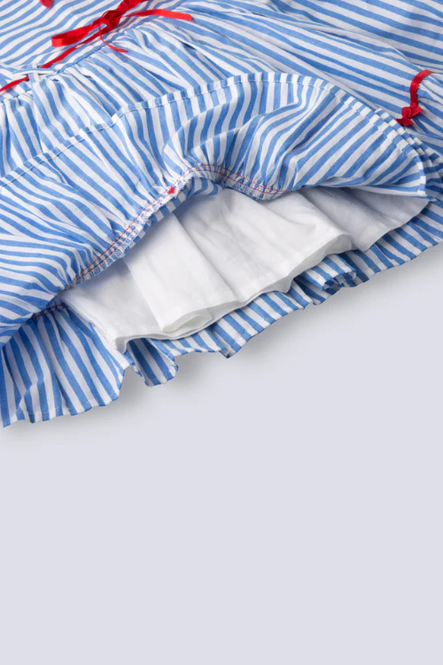 Soleilclo "Coastal Charm" Sleeveless Blue Striped Cotton Dress With Satin Belt And Bows - Image 9