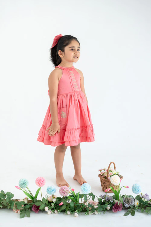 Soleilclo "Coral Embroidered Cotton Satin Sleeveless Dress With Pockets"