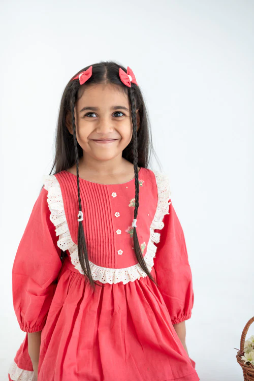 Soleilclo "Coral Pleated Yoke Embroidered Cotton Long Sleeves Dress"