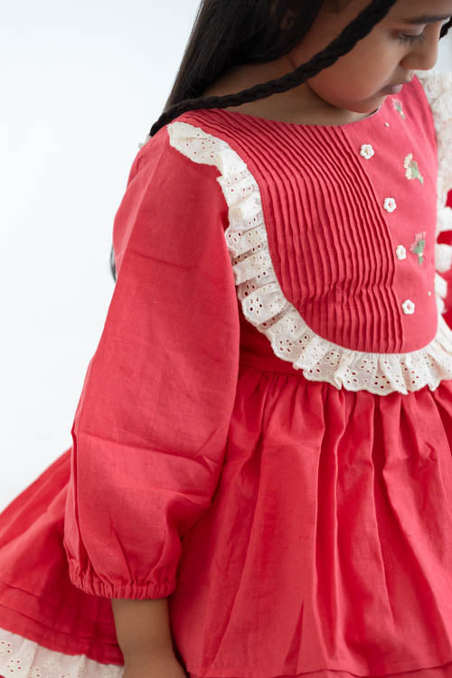 Soleilclo "Coral Pleated Yoke Embroidered Cotton Long Sleeves Dress" - Image 2