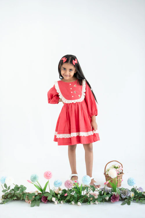Soleilclo "Coral Pleated Yoke Embroidered Cotton Long Sleeves Dress" - Image 4