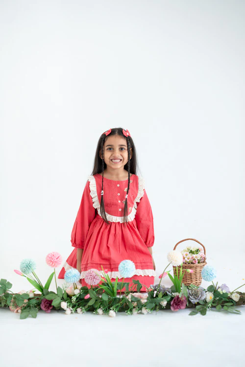 Soleilclo "Coral Pleated Yoke Embroidered Cotton Long Sleeves Dress" - Image 5