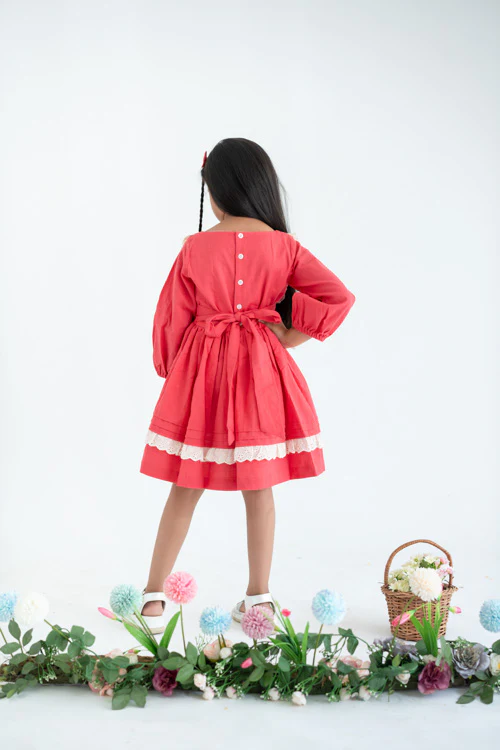 Soleilclo "Coral Pleated Yoke Embroidered Cotton Long Sleeves Dress" - Image 6
