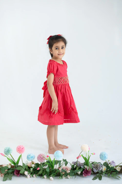 Soleilclo "Coral Swissdot Hand Smocked And Embroidered Cotton Puffed Sleeves Dress" - Image 2