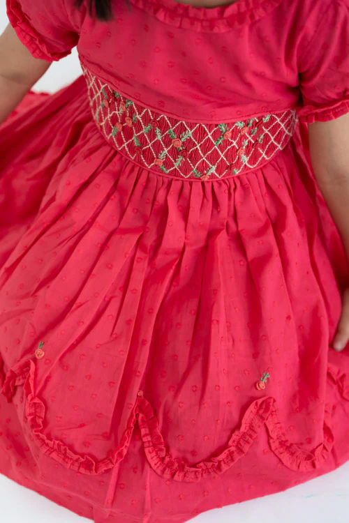 Soleilclo "Coral Swissdot Hand Smocked And Embroidered Cotton Puffed Sleeves Dress" - Image 3