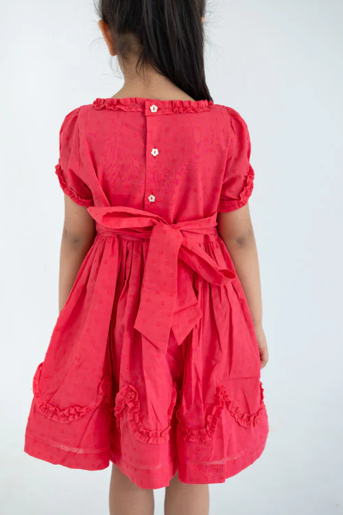 Soleilclo "Coral Swissdot Hand Smocked And Embroidered Cotton Puffed Sleeves Dress" - Image 4