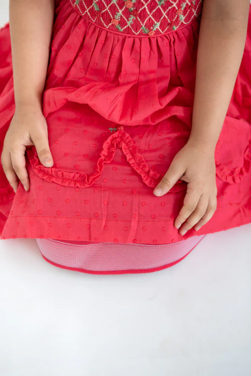 Soleilclo "Coral Swissdot Hand Smocked And Embroidered Cotton Puffed Sleeves Dress" - Image 5