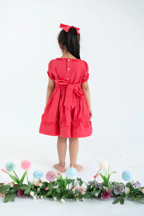 Soleilclo "Coral Swissdot Hand Smocked And Embroidered Cotton Puffed Sleeves Dress" - Image 6