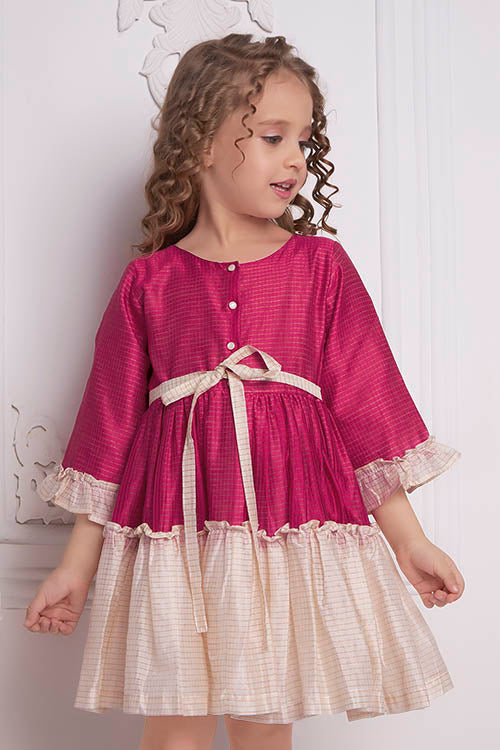Soleilclo "Festive Ruffle Magic" Three Quarter Sleeve Zari Checked Dress - Image 2