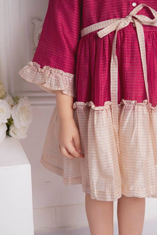 Soleilclo "Festive Ruffle Magic" Three Quarter Sleeve Zari Checked Dress - Image 5