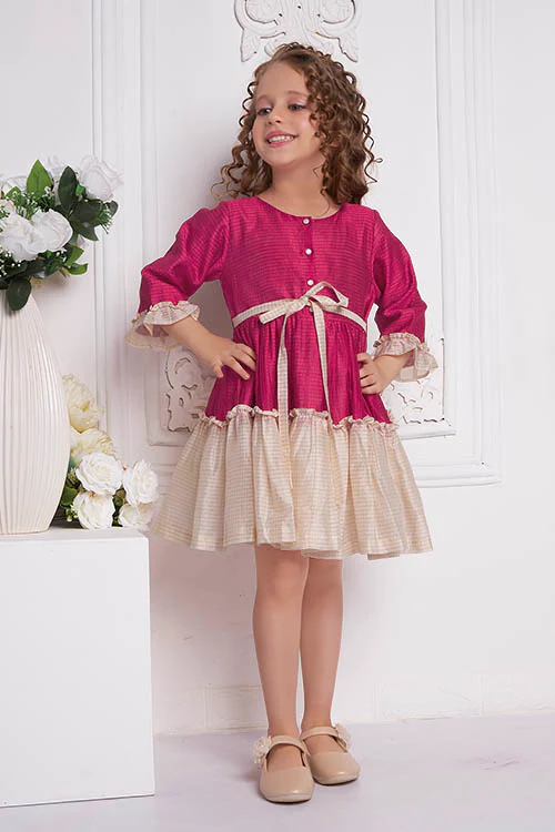 Soleilclo "Festive Ruffle Magic" Three Quarter Sleeve Zari Checked Dress - Image 6