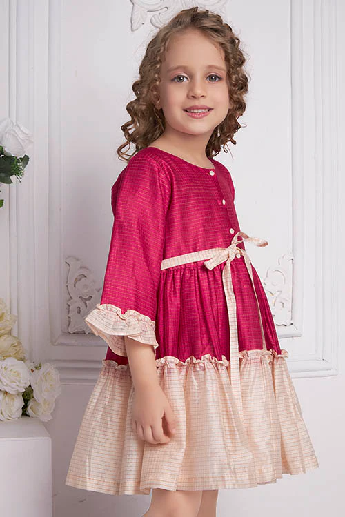 Soleilclo "Festive Ruffle Magic" Three Quarter Sleeve Zari Checked Dress - Image 7