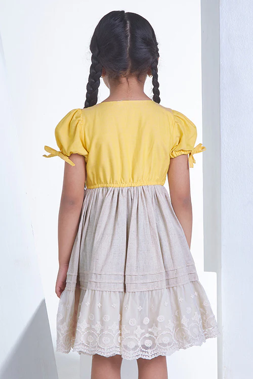 Soleilclo "Golden Daisy Dazzle" Puff Sleeves Flower Applique Cotton Dress - Image 6