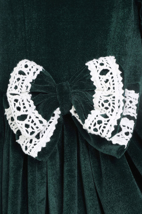 Soleilclo "Green Ivory Lace Velvet Puffed Sleeves Dress" - Image 2