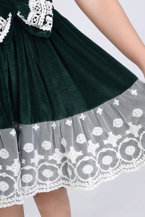 Soleilclo "Green Ivory Lace Velvet Puffed Sleeves Dress" - Image 3