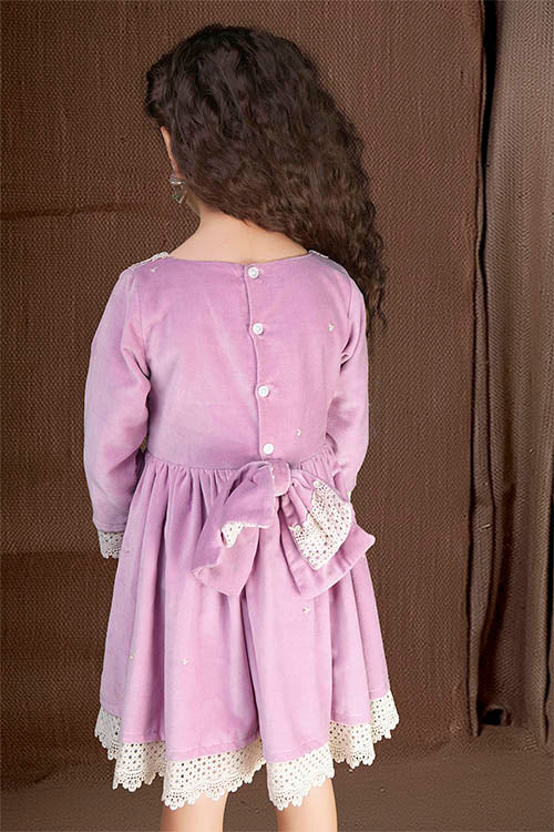 Soleilclo "Lavender Twilight" Three Quarter Sleeves Hand Embroidered Velvet Dress - Lavender - Image 5