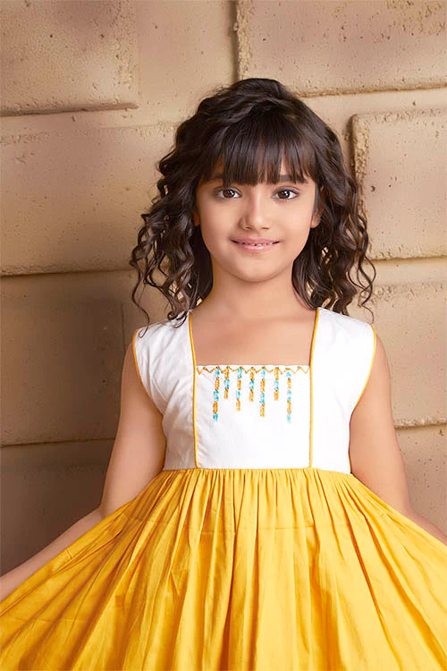 Soleilclo "Mustard Bloom" Sleeveless Hand Embroidered Cotton Dress
