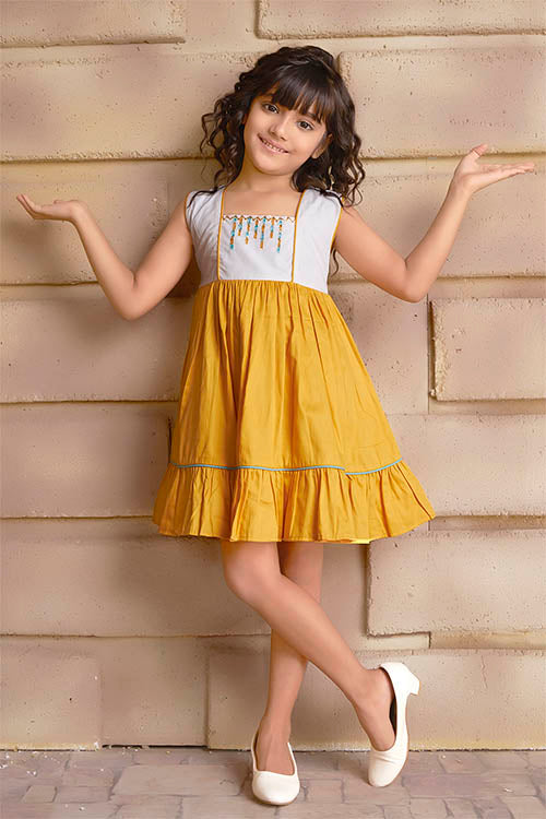 Soleilclo "Mustard Bloom" Sleeveless Hand Embroidered Cotton Dress - Image 2
