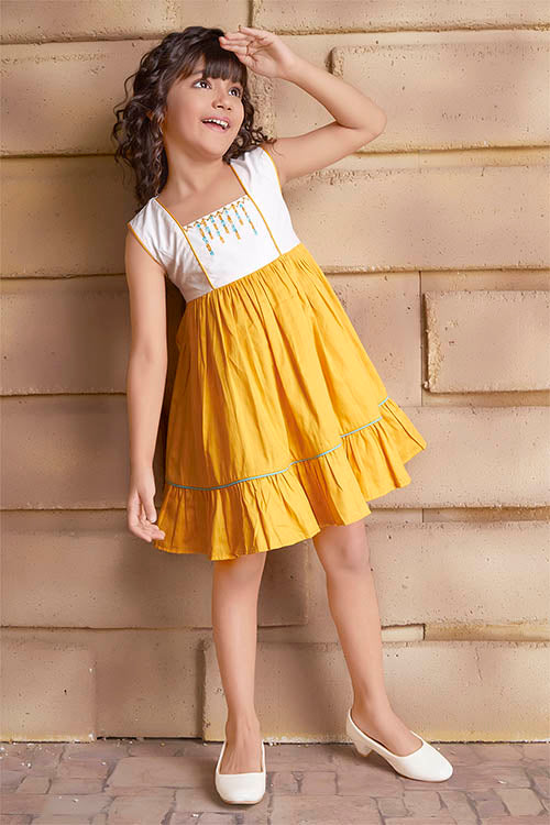 Soleilclo "Mustard Bloom" Sleeveless Hand Embroidered Cotton Dress - Image 3