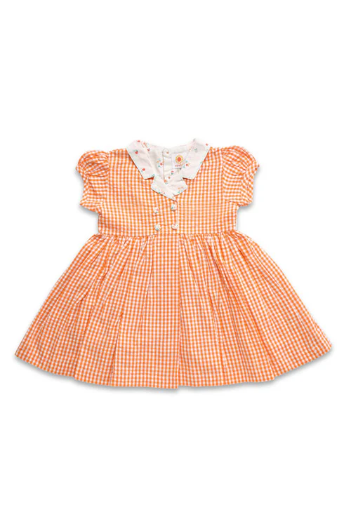 Soleilclo "Orange Gingham" Lapel Collar Cotton Dress - Image 3