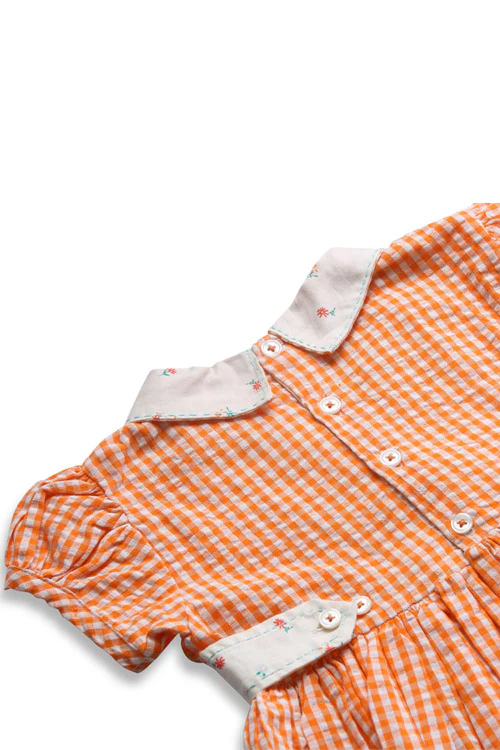Soleilclo "Orange Gingham" Lapel Collar Cotton Dress - Image 6