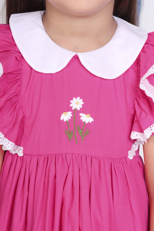 Soleilclo "Pink Embroidered Cotton Puffed Sleeves Dress" - Image 2