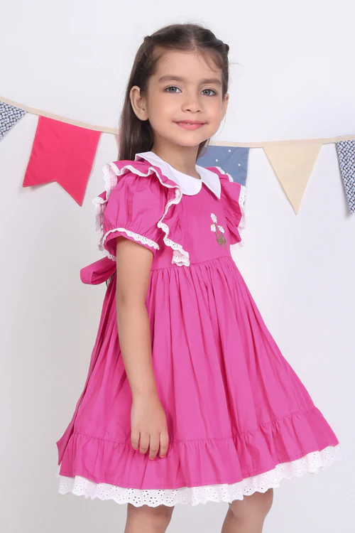 Soleilclo "Pink Embroidered Cotton Puffed Sleeves Dress" - Image 4