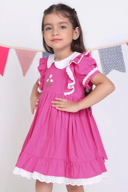 Soleilclo "Pink Embroidered Cotton Puffed Sleeves Dress" - Image 5