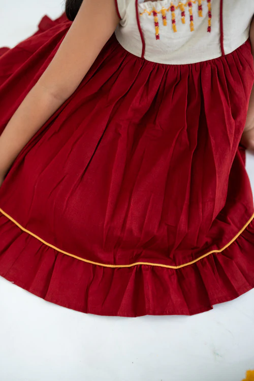 Soleilclo "Red Hand Embroidered Cotton Sleeveless Dress" - Image 3