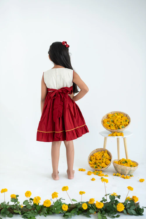 Soleilclo "Red Hand Embroidered Cotton Sleeveless Dress" - Image 5