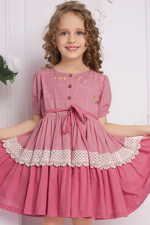 Soleilclo "Rosy Ombre" Half Sleeves Hand Embroidered Cotton Dress - Image 4