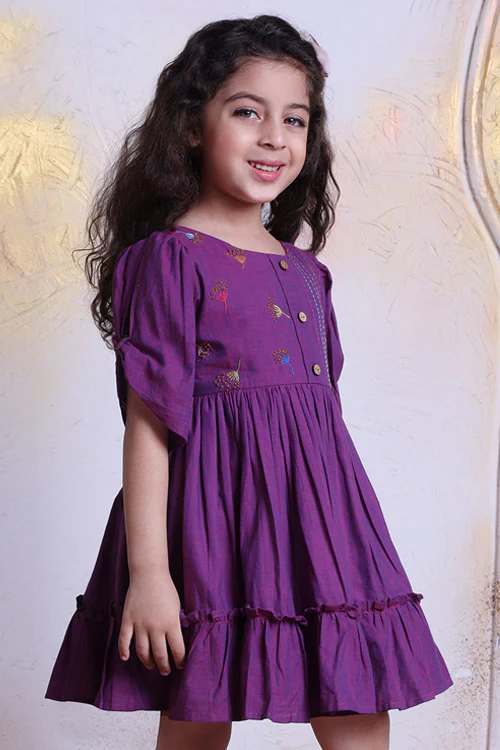 Soleilclo "Sparkler" Hand Embroidered Gathered Sleeve Cotton Dress