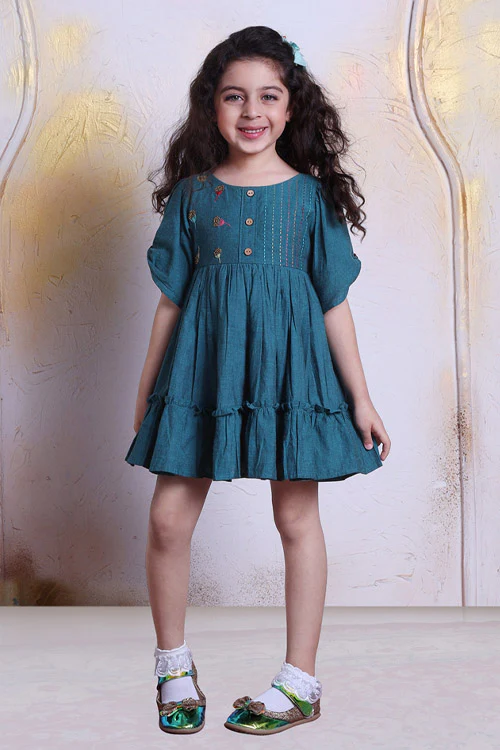 Soleilclo "Sparkler" Hand Embroidered Gathered Sleeve Cotton Dress