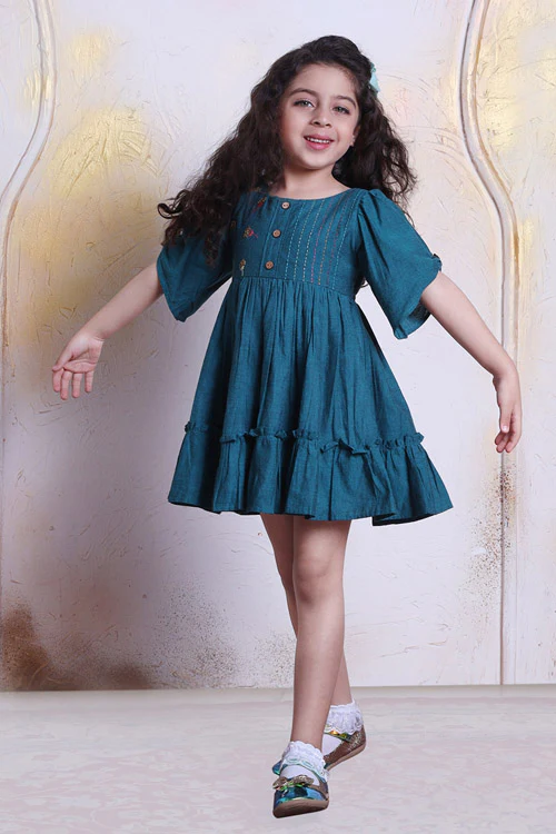 Soleilclo "Sparkler" Hand Embroidered Gathered Sleeve Cotton Dress - Image 3