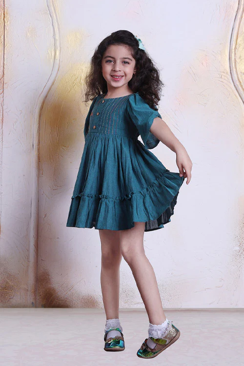 Soleilclo "Sparkler" Hand Embroidered Gathered Sleeve Cotton Dress - Image 4