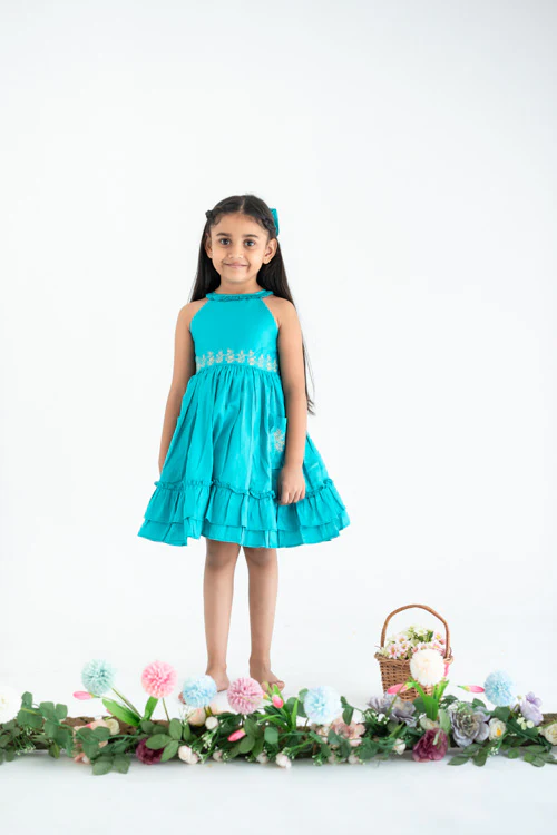 Soleilclo "Teal Embroidered Cotton Satin Sleeveless Dress With Pockets" - Image 2