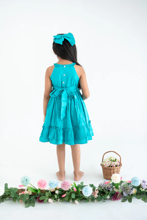 Soleilclo "Teal Embroidered Cotton Satin Sleeveless Dress With Pockets" - Image 6