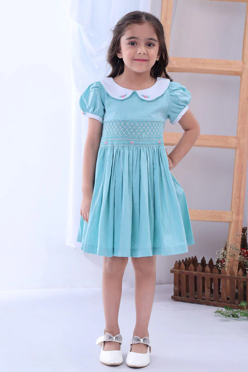 Soleilclo Turquoise Peter Pan Collar Hand Smocked Cotton Dress - Image 2