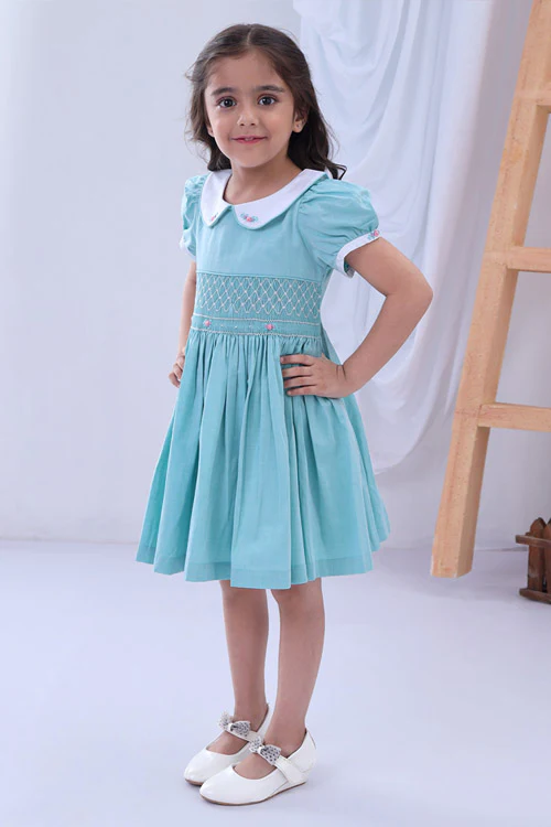 Soleilclo Turquoise Peter Pan Collar Hand Smocked Cotton Dress - Image 3