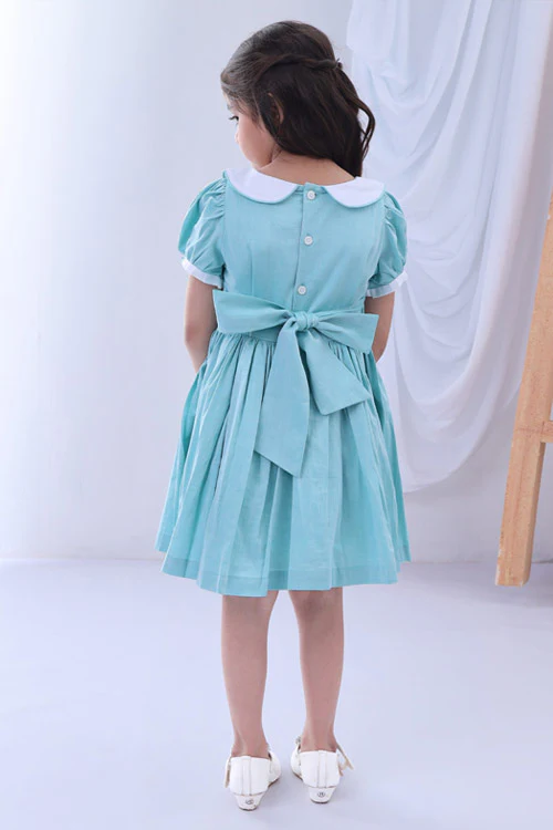 Soleilclo Turquoise Peter Pan Collar Hand Smocked Cotton Dress - Image 4