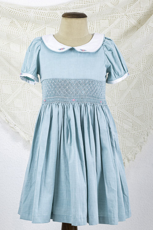 Soleilclo Turquoise Peter Pan Collar Hand Smocked Cotton Dress - Image 5